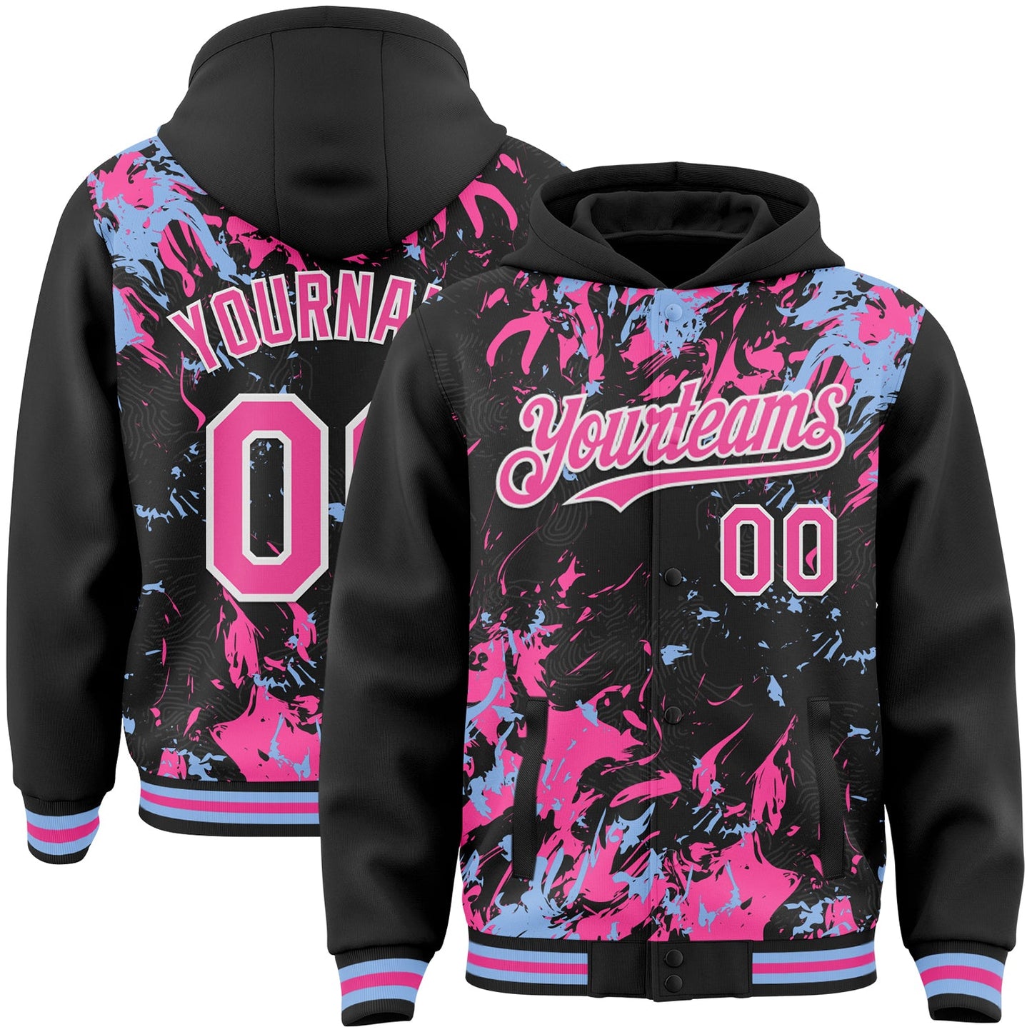 Custom Black Pink Light Blue-White Splash Bomber Full-Snap Varsity Letterman Hoodie Jacket - Main View
