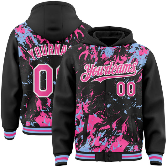 Custom Black Pink Light Blue-White Splash Bomber Full-Snap Varsity Letterman Hoodie Jacket - Main View