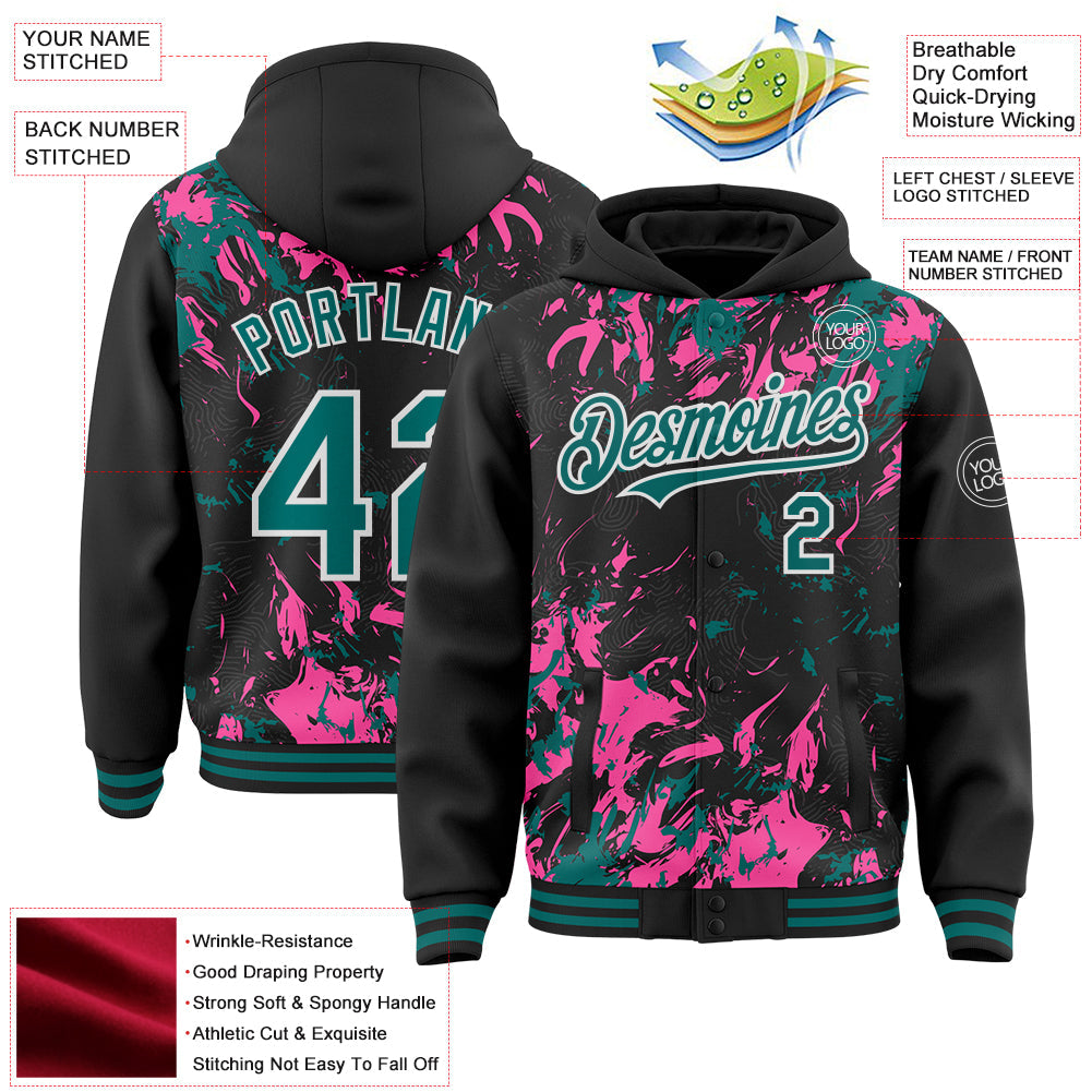 Custom Black Teal Pink-White Splash Bomber Full-Snap Varsity Letterman Hoodie Jacket view 4