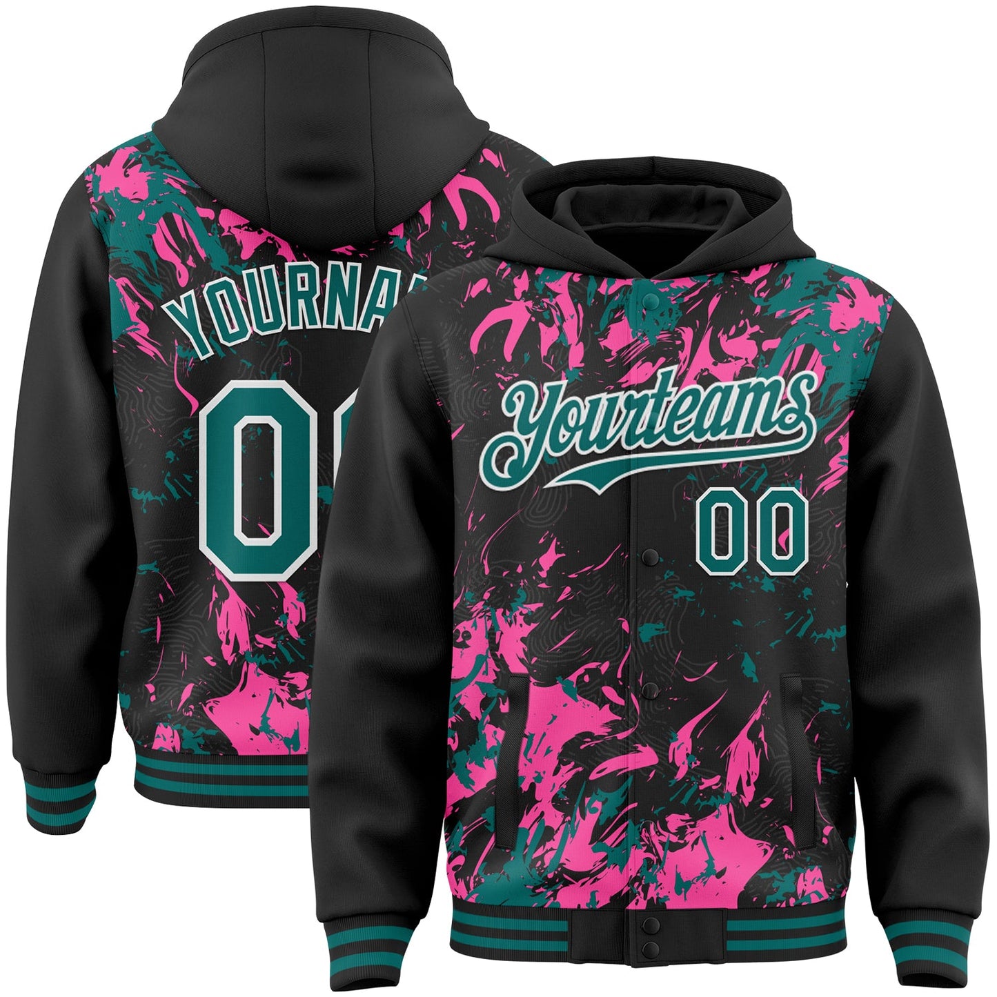 Custom Black Teal Pink-White Splash Bomber Full-Snap Varsity Letterman Hoodie Jacket - Main View