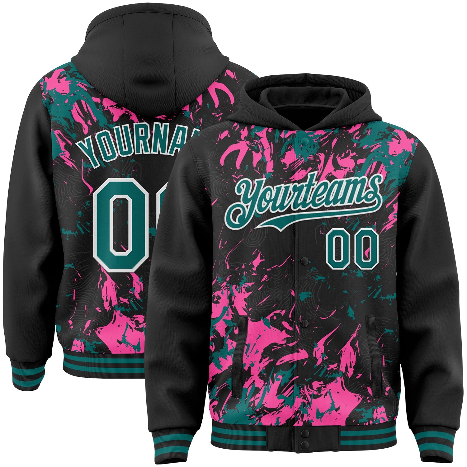 Custom Black Teal Pink-White Splash Bomber Full-Snap Varsity Letterman Hoodie Jacket - Main View