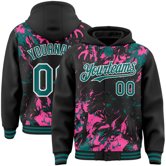 Custom Black Teal Pink-White Splash Bomber Full-Snap Varsity Letterman Hoodie Jacket - Main View