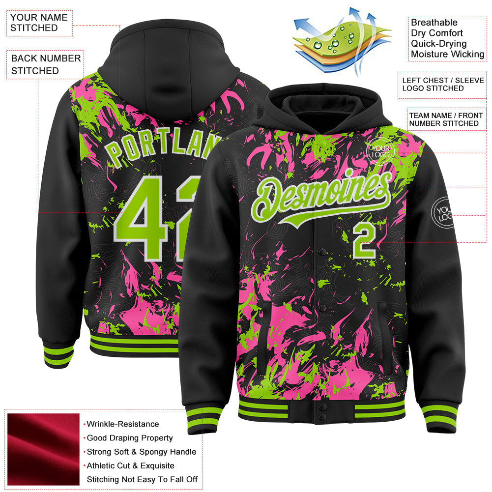 Custom Black Neon Green Pink-White Splash Bomber Full-Snap Varsity Letterman Hoodie Jacket view 4