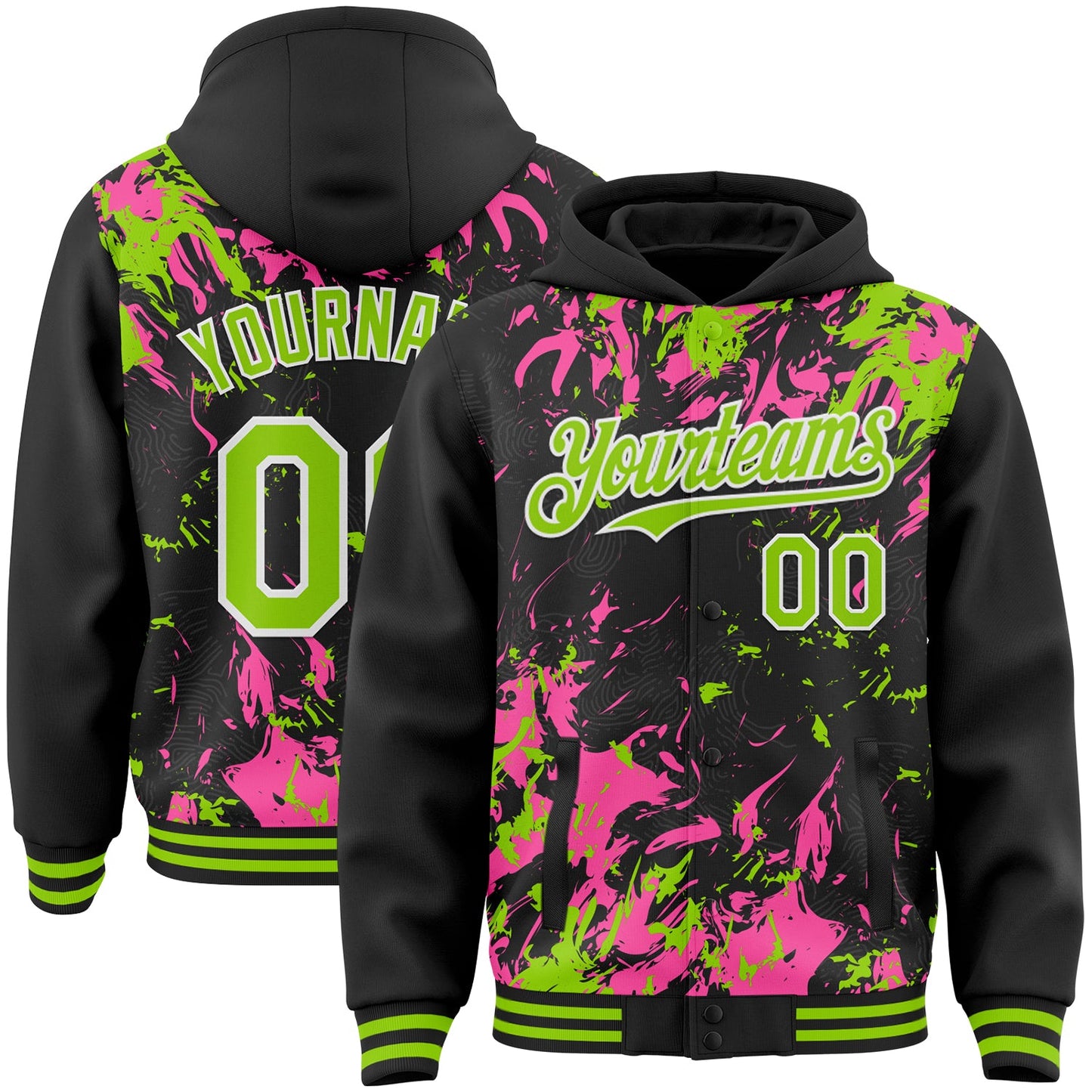 Custom Black Neon Green Pink-White Splash Bomber Full-Snap Varsity Letterman Hoodie Jacket - Main View