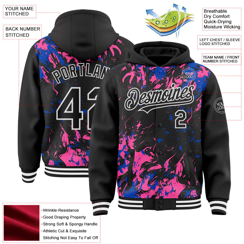 Custom Black Thunder Blue Pink-White Splash Bomber Full-Snap Varsity Letterman Hoodie Jacket view 4