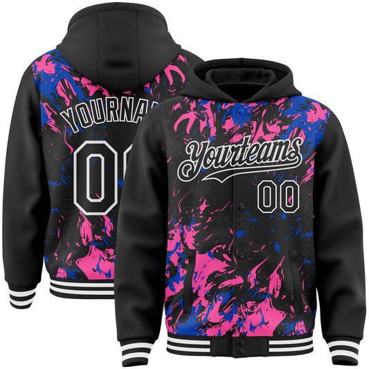Custom Black Thunder Blue Pink-White Splash Bomber Full-Snap Varsity Letterman Hoodie Jacket - Main View