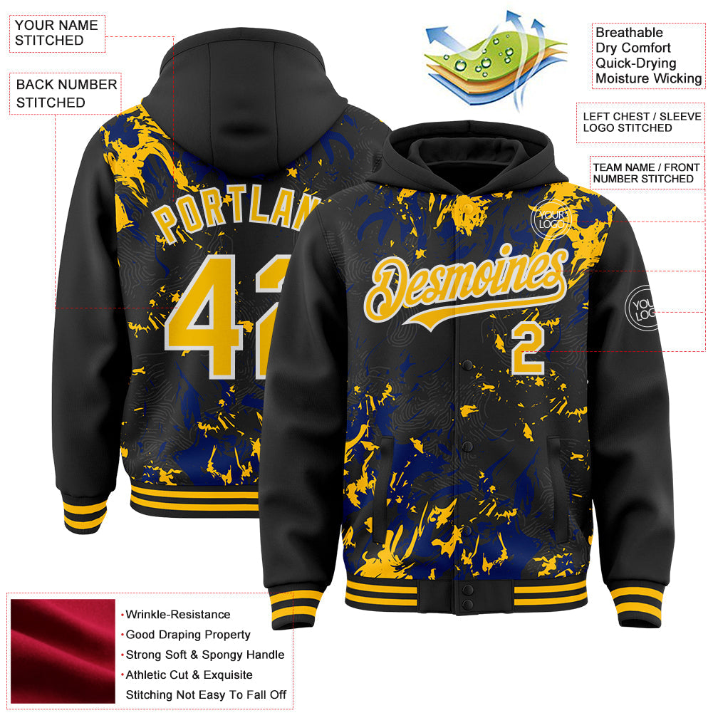 Custom Black Gold Royal-White Splash Bomber Full-Snap Varsity Letterman Hoodie Jacket view 4
