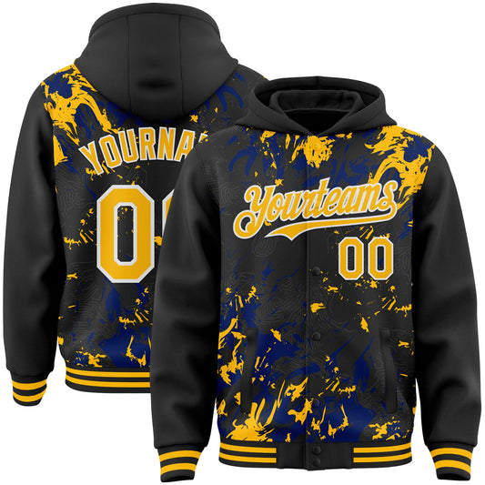 Custom Black Gold Royal-White Splash Bomber Full-Snap Varsity Letterman Hoodie Jacket - Main View