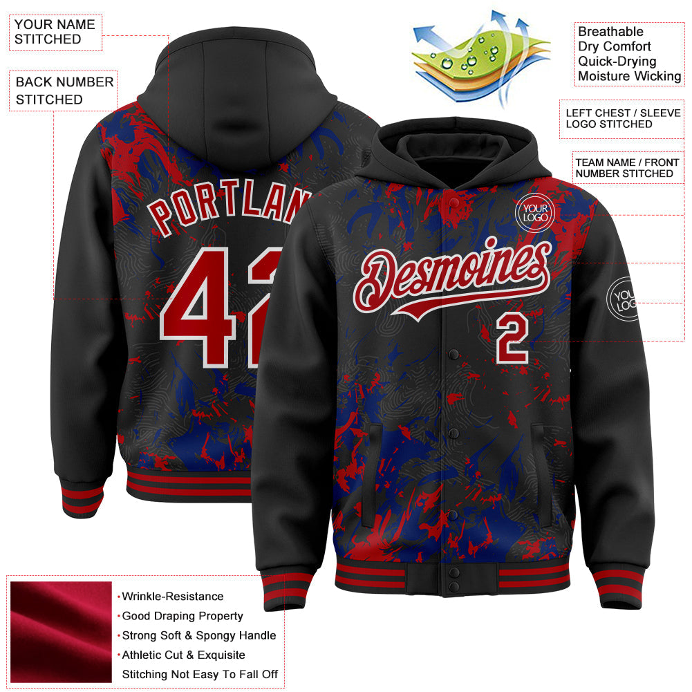 Custom Black Red Royal-White Splash Bomber Full-Snap Varsity Letterman Hoodie Jacket view 4