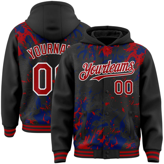 Custom Black Red Royal-White Splash Bomber Full-Snap Varsity Letterman Hoodie Jacket - Main View