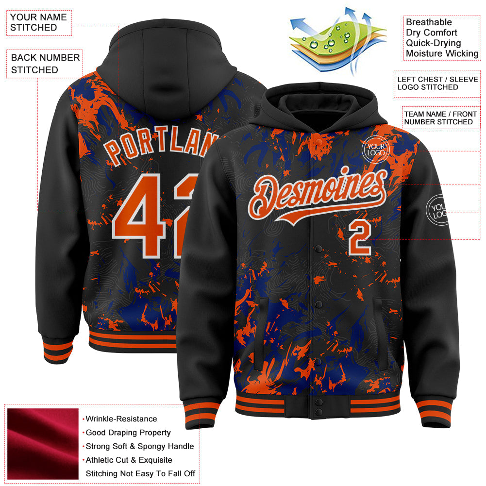 Custom Black Orange Royal-White Splash Bomber Full-Snap Varsity Letterman Hoodie Jacket view 4