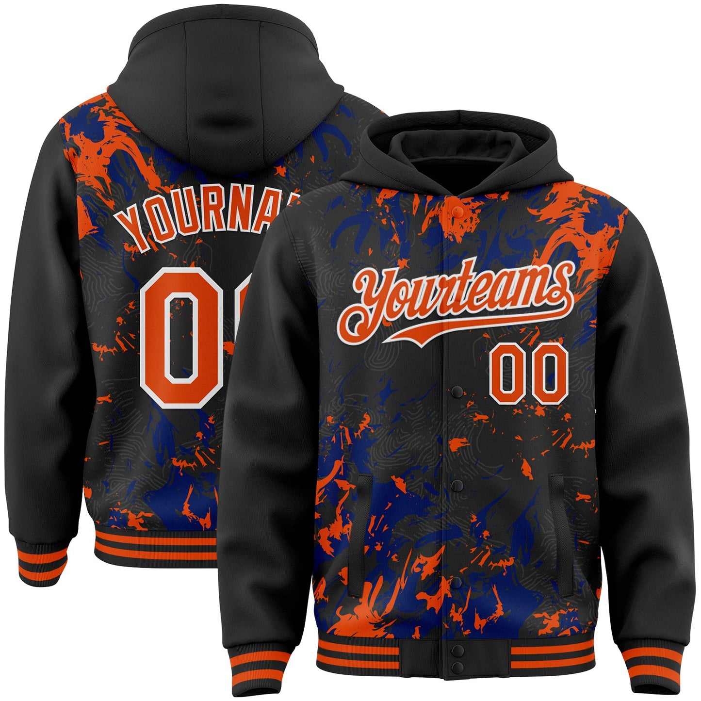 Custom Black Orange Royal-White Splash Bomber Full-Snap Varsity Letterman Hoodie Jacket - Main View