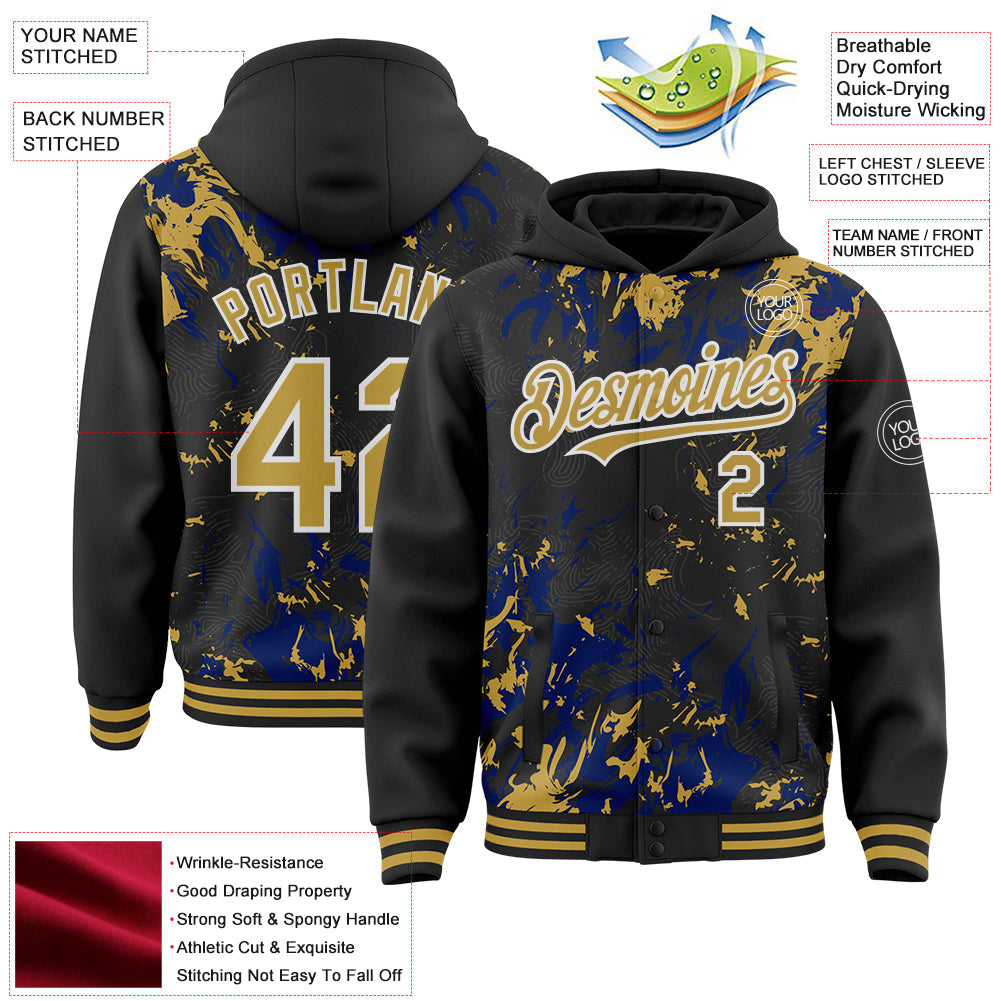 Custom Black Old Gold Royal-White Splash Bomber Full-Snap Varsity Letterman Hoodie Jacket view 4