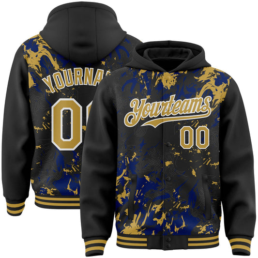 Custom Black Old Gold Royal-White Splash Bomber Full-Snap Varsity Letterman Hoodie Jacket - Main View