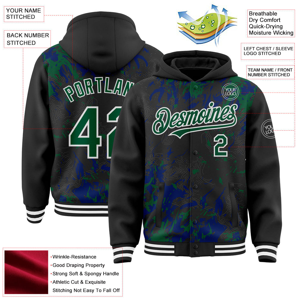 Custom Black Kelly Green Royal-White Splash Bomber Full-Snap Varsity Letterman Hoodie Jacket view 4