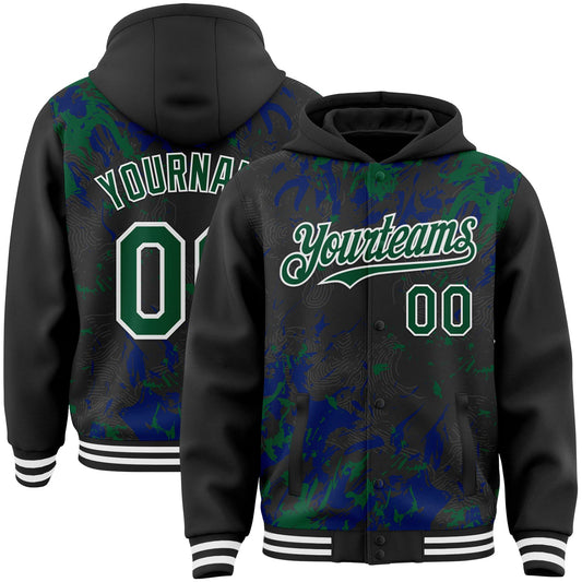 Custom Black Kelly Green Royal-White Splash Bomber Full-Snap Varsity Letterman Hoodie Jacket - Main View