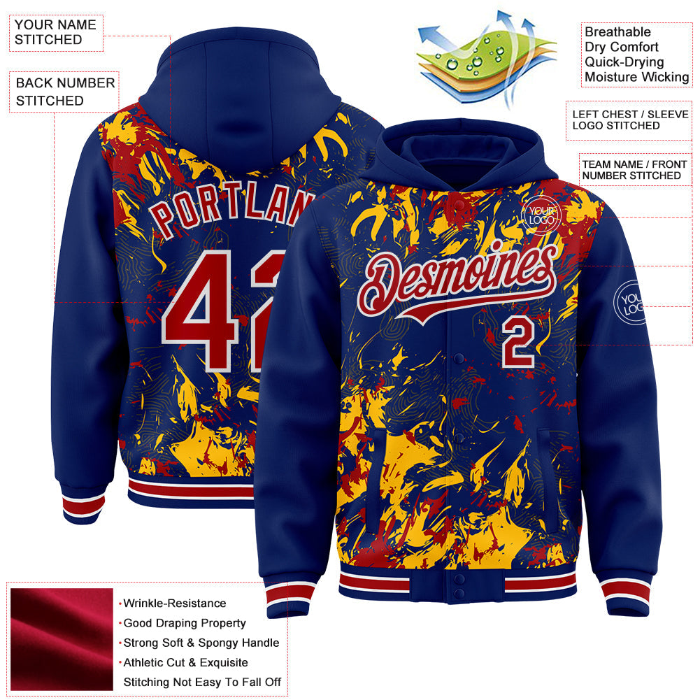 Custom Royal Red Gold-White Splash Bomber Full-Snap Varsity Letterman Hoodie Jacket view 4