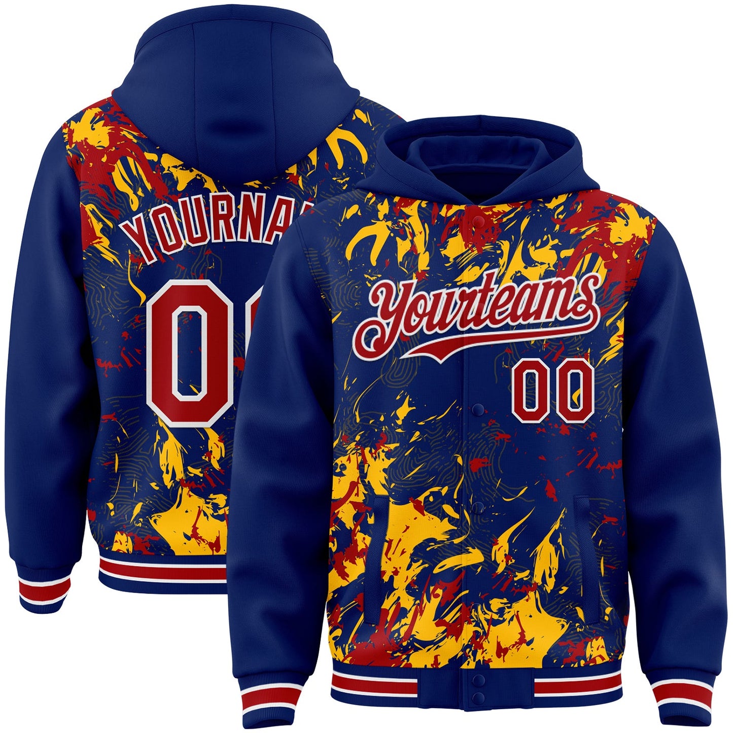 Custom Royal Red Gold-White Splash Bomber Full-Snap Varsity Letterman Hoodie Jacket - Main View