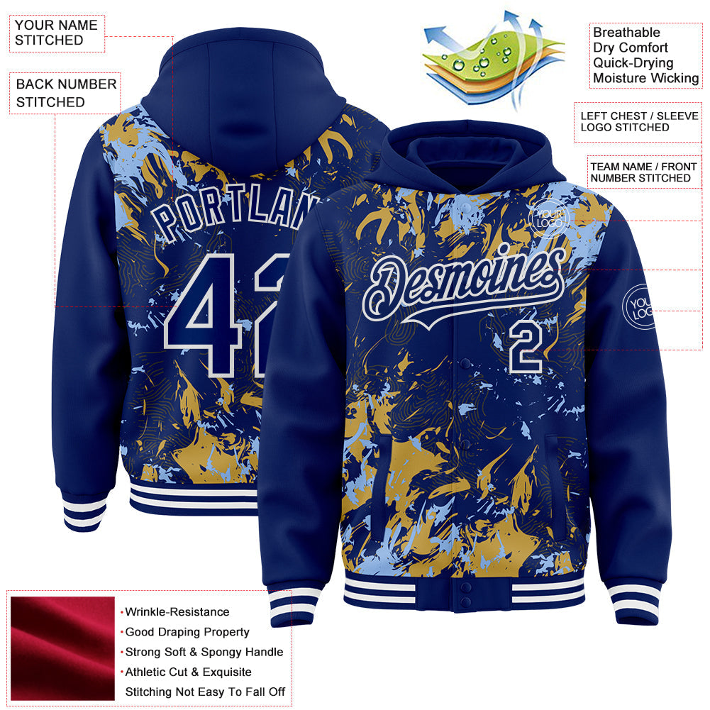 Custom Royal Light Blue Old Gold-White Splash Bomber Full-Snap Varsity Letterman Hoodie Jacket view 4