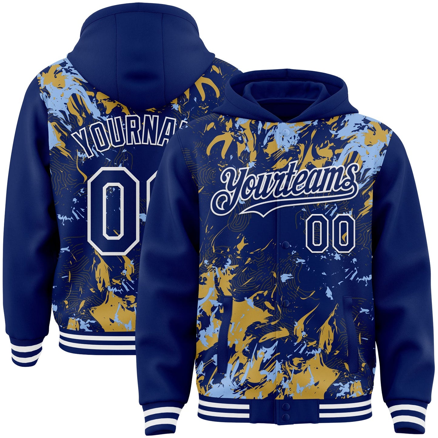 Custom Royal Light Blue Old Gold-White Splash Bomber Full-Snap Varsity Letterman Hoodie Jacket - Main View