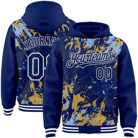 Custom Royal Light Blue Old Gold-White Splash Bomber Full-Snap Varsity Letterman Hoodie Jacket - Main View