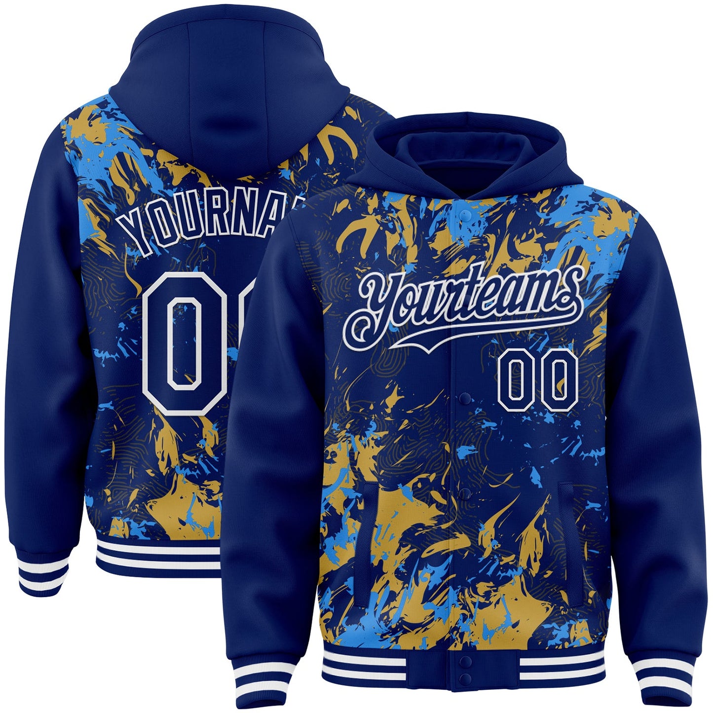 Custom Royal Powder Blue Old Gold-White Splash Bomber Full-Snap Varsity Letterman Hoodie Jacket - Main View