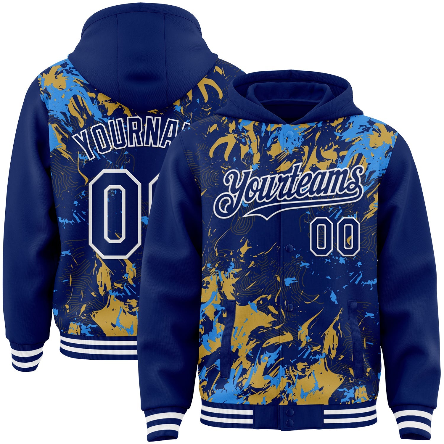 Custom Royal Powder Blue Old Gold-White Splash Bomber Full-Snap Varsity Letterman Hoodie Jacket - Main View