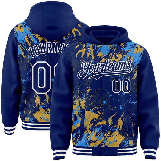 Custom Royal Powder Blue Old Gold-White Splash Bomber Full-Snap Varsity Letterman Hoodie Jacket - Main View