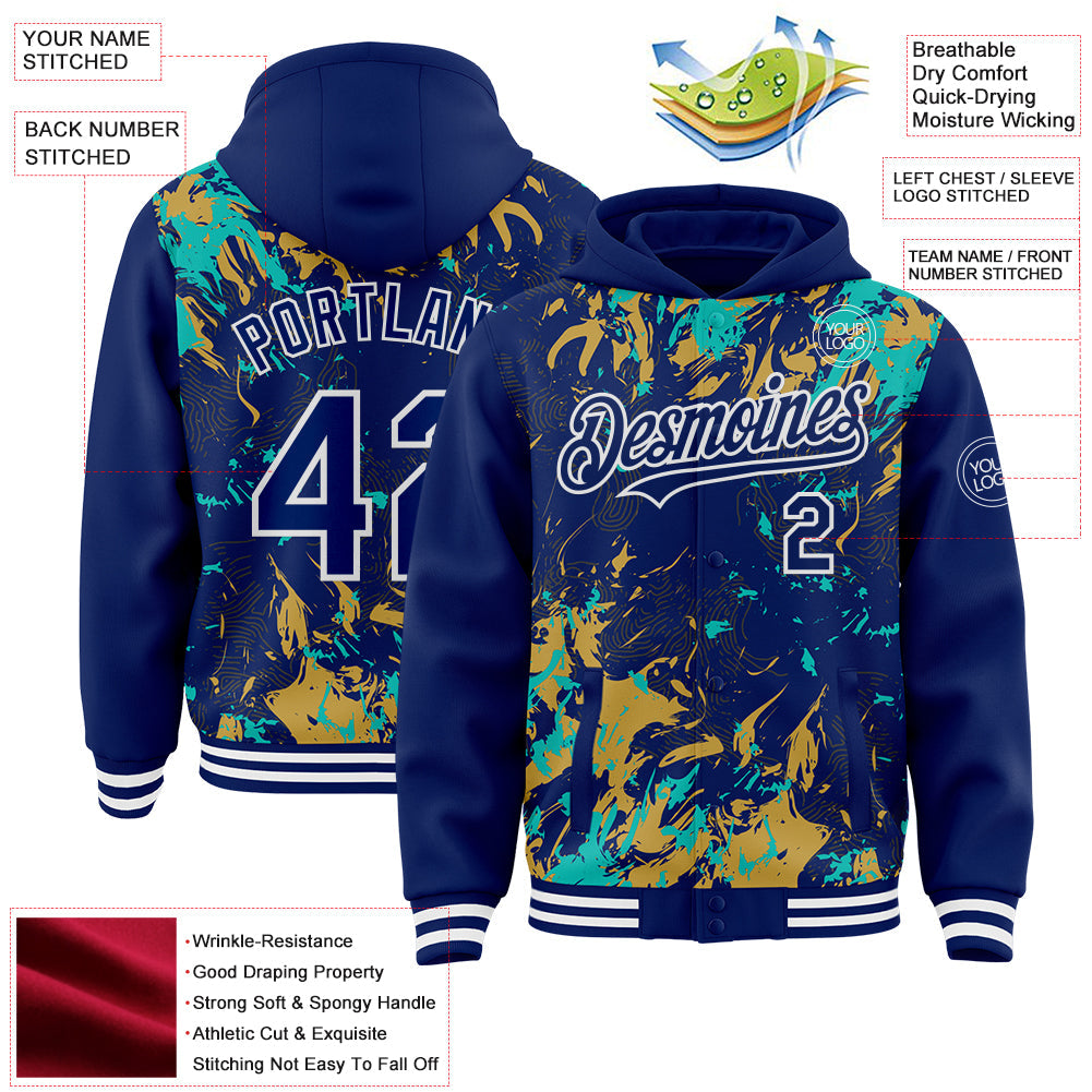 Custom Royal Aqua Old Gold-White Splash Bomber Full-Snap Varsity Letterman Hoodie Jacket view 4