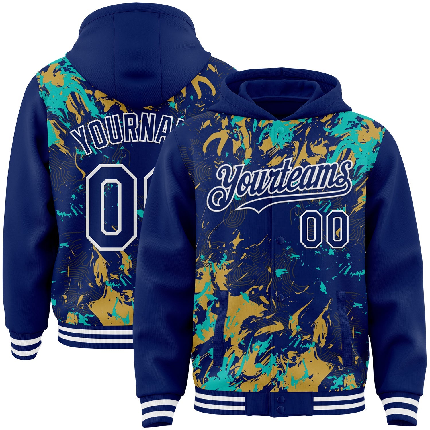Custom Royal Aqua Old Gold-White Splash Bomber Full-Snap Varsity Letterman Hoodie Jacket - Main View
