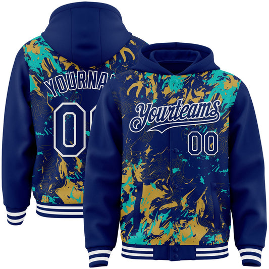 Custom Royal Aqua Old Gold-White Splash Bomber Full-Snap Varsity Letterman Hoodie Jacket - Main View