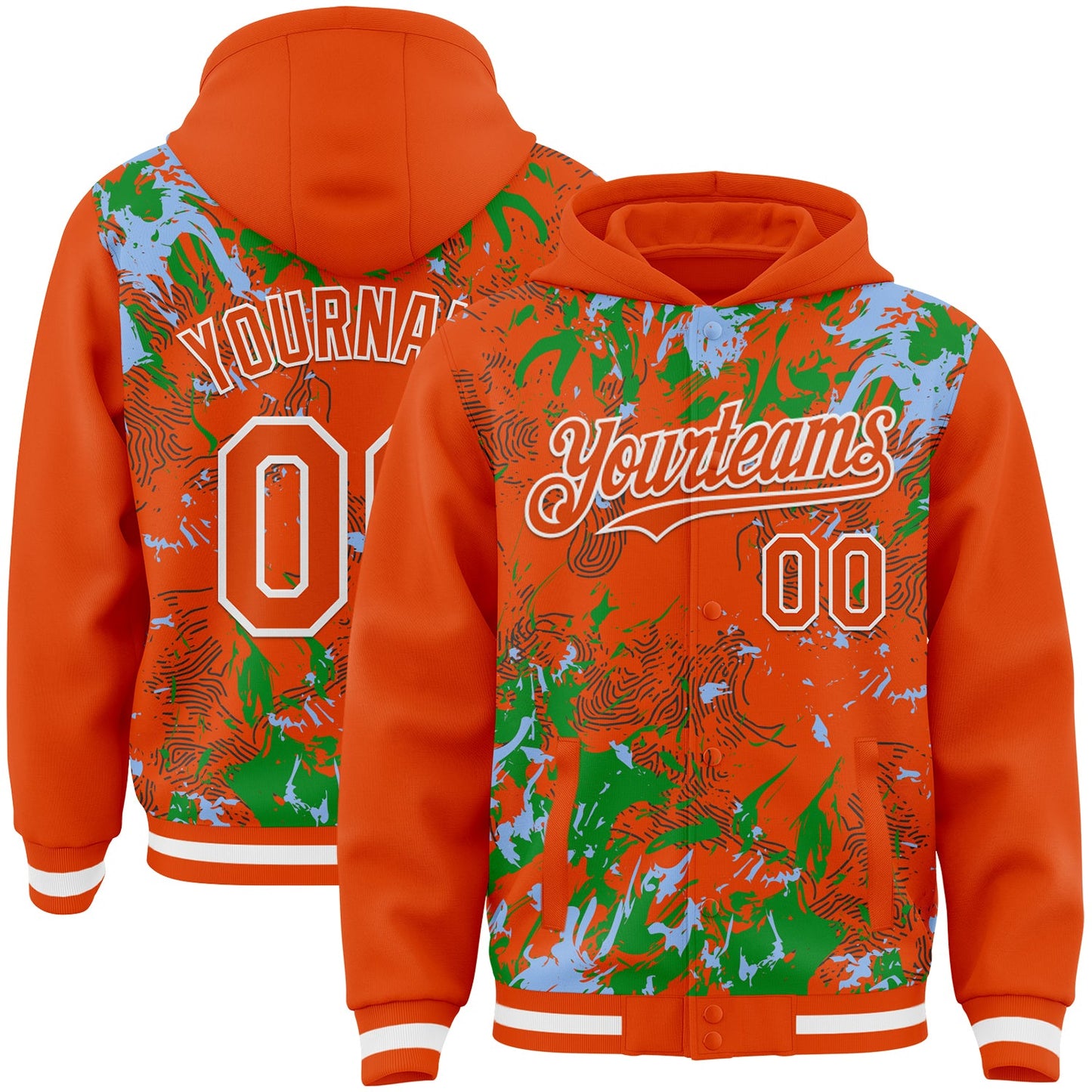 Custom Orange Light Blue Grass Green-White Splash Bomber Full-Snap Varsity Letterman Hoodie Jacket - Main View