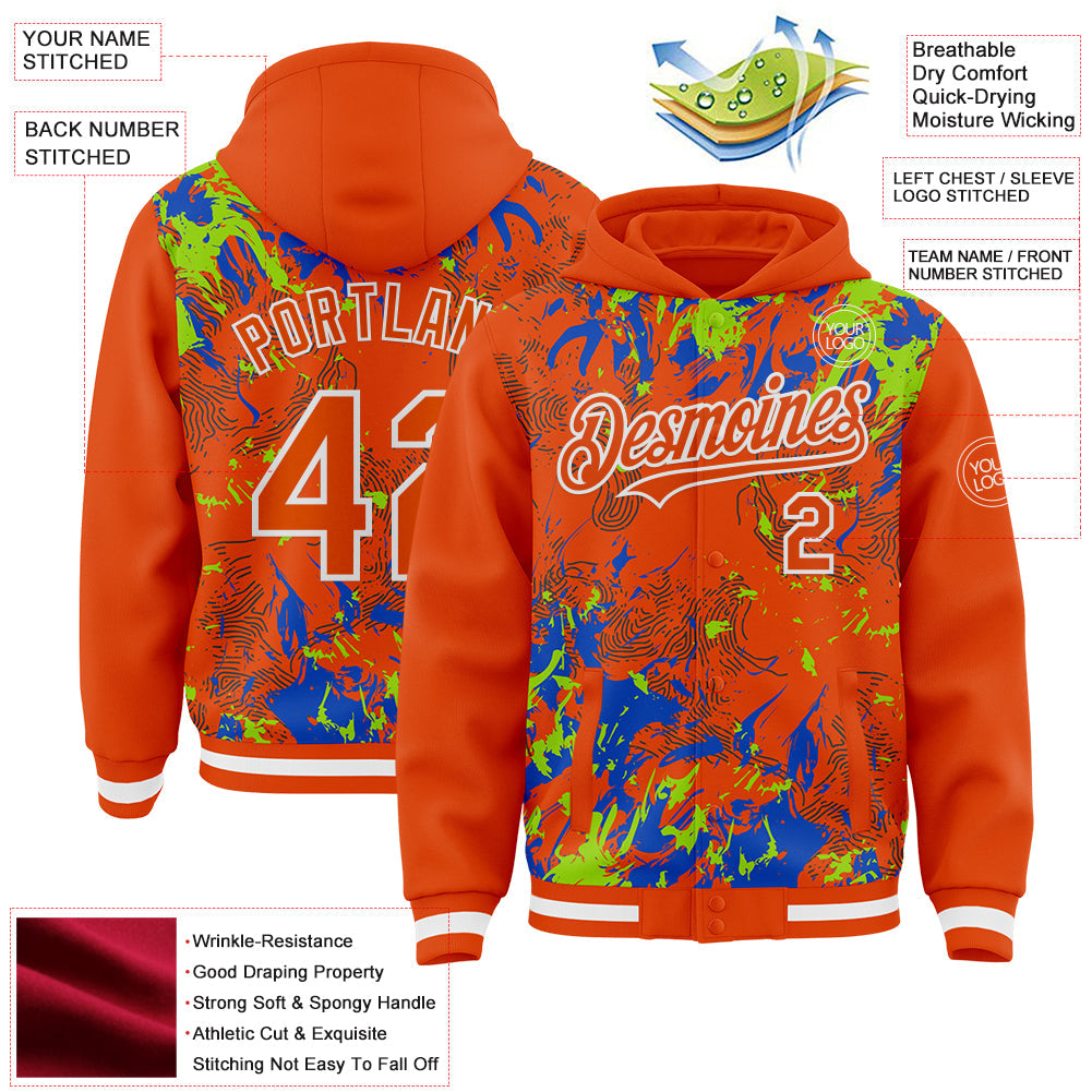 Custom Orange Neon Green Thunder Blue-White Splash Bomber Full-Snap Varsity Letterman Hoodie Jacket view 4