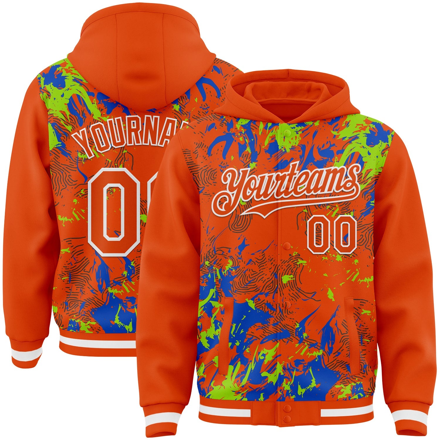 Custom Orange Neon Green Thunder Blue-White Splash Bomber Full-Snap Varsity Letterman Hoodie Jacket - Main View