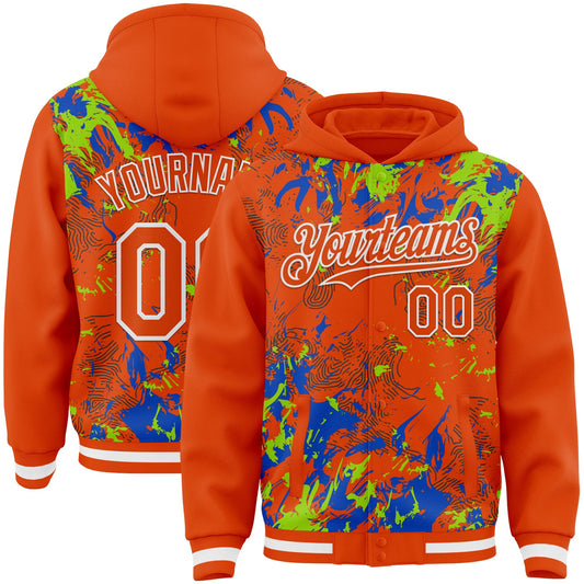Custom Orange Neon Green Thunder Blue-White Splash Bomber Full-Snap Varsity Letterman Hoodie Jacket - Main View