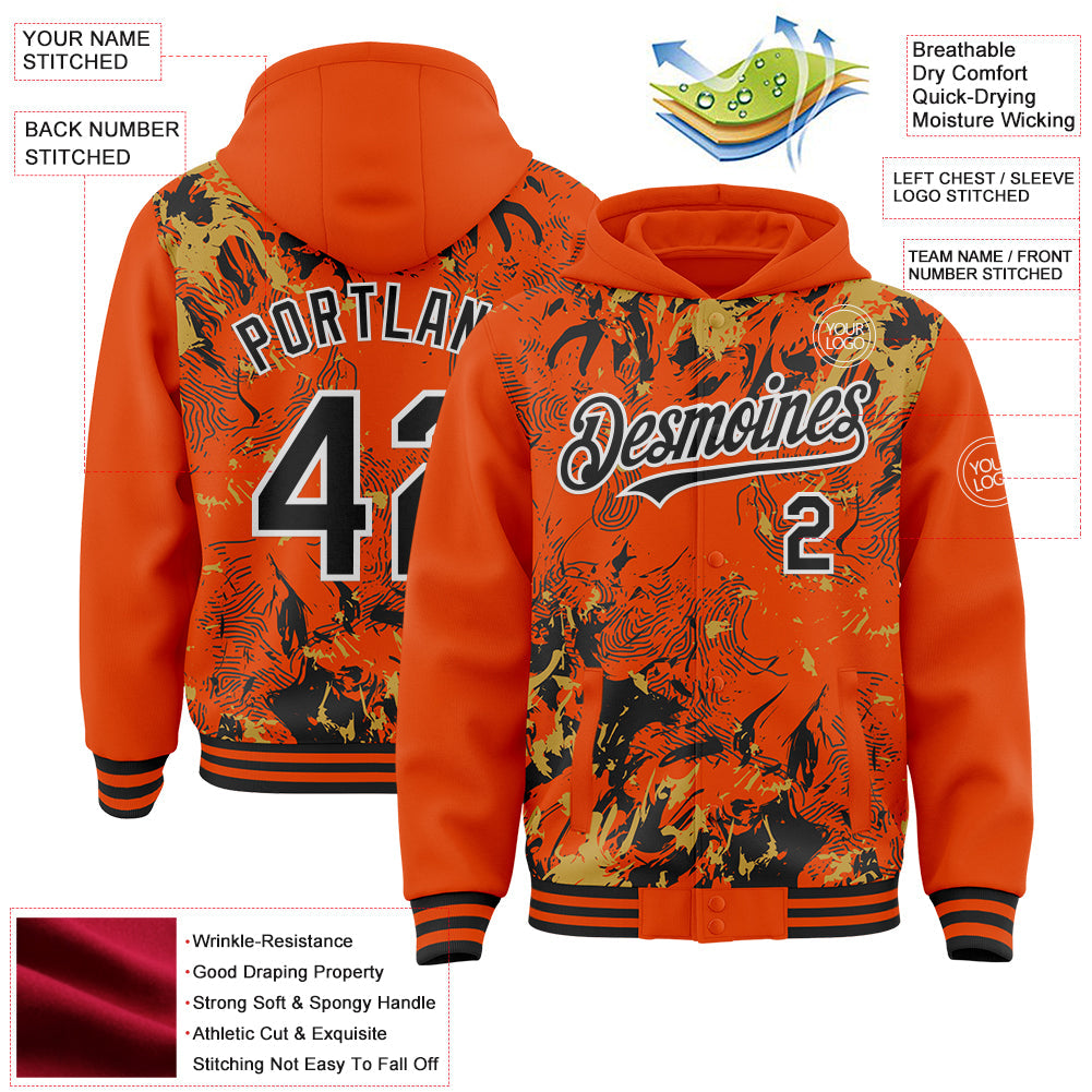 Custom Orange Black Old Gold-White Splash Bomber Full-Snap Varsity Letterman Hoodie Jacket view 4