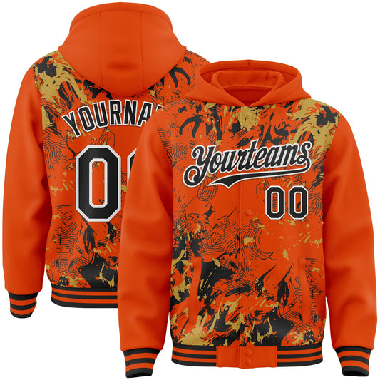 Custom Orange Black Old Gold-White Splash Bomber Full-Snap Varsity Letterman Hoodie Jacket - Main View