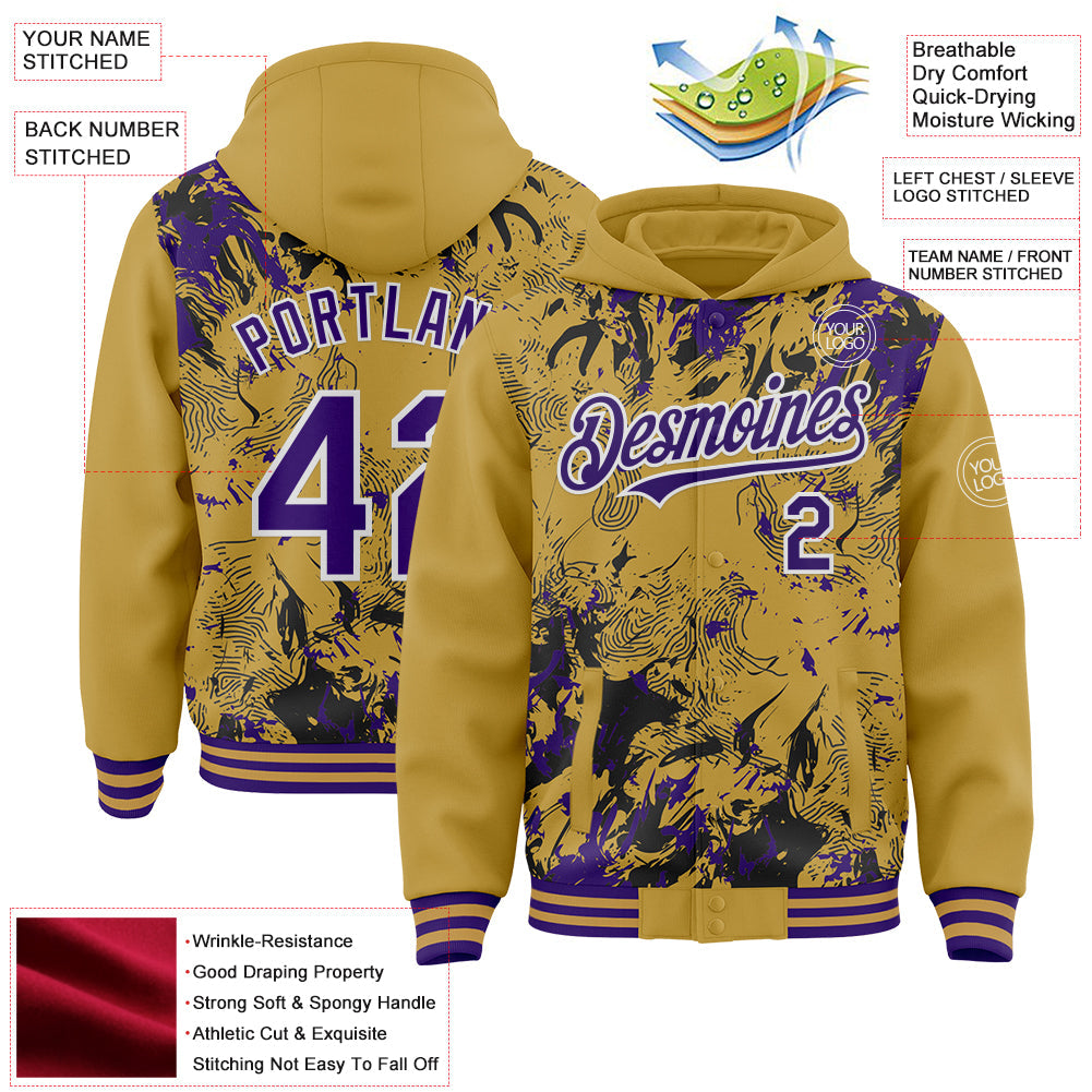 Custom Old Gold Purple Black-White Splash Bomber Full-Snap Varsity Letterman Hoodie Jacket view 4