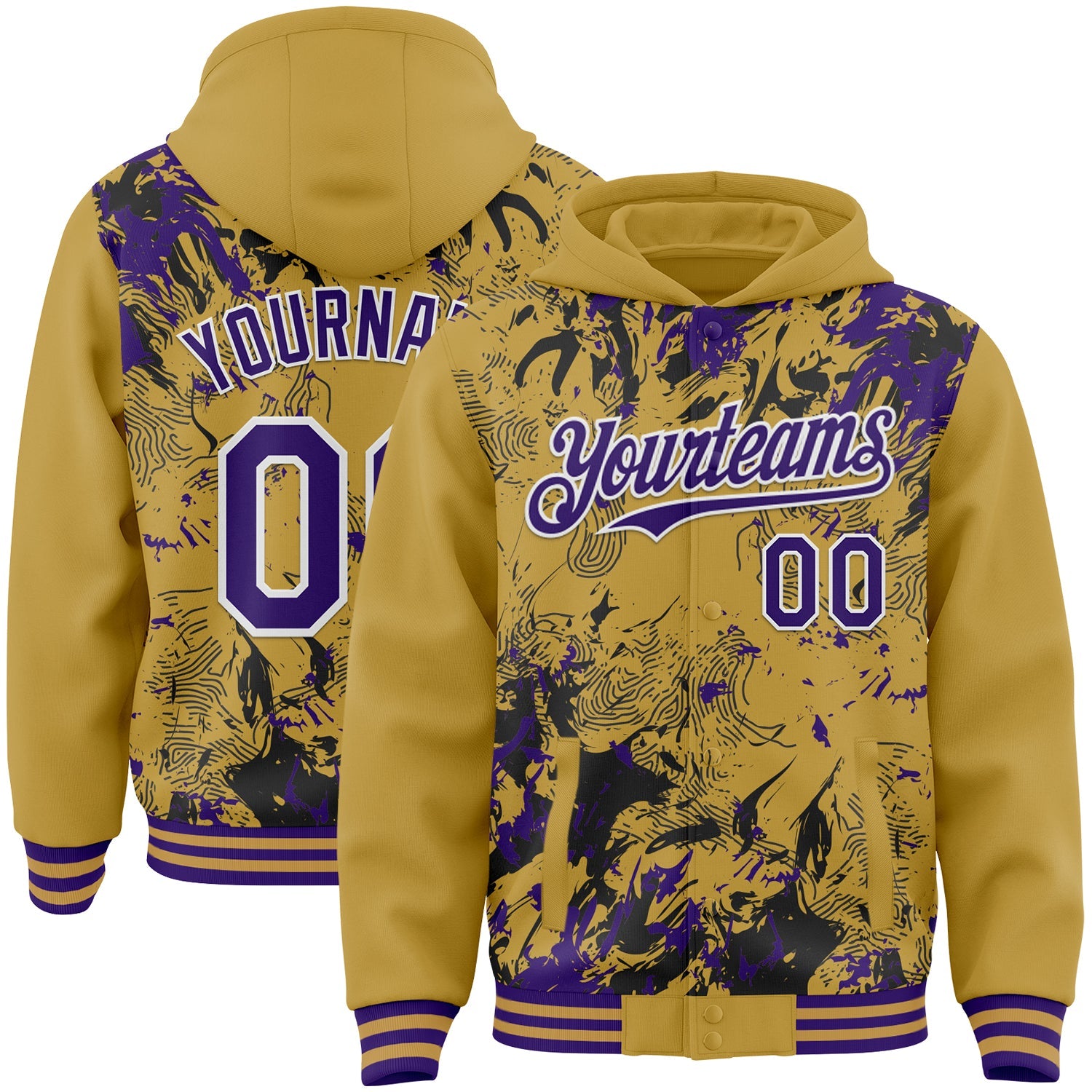 Custom Old Gold Purple Black-White Splash Bomber Full-Snap Varsity Letterman Hoodie Jacket - Main View