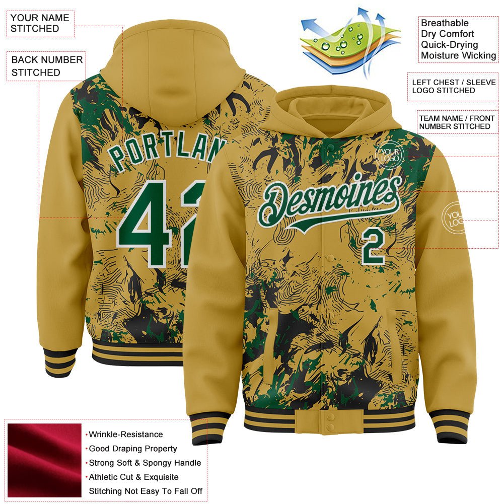 Custom Old Gold Kelly Green Black-White Splash Bomber Full-Snap Varsity Letterman Hoodie Jacket view 4