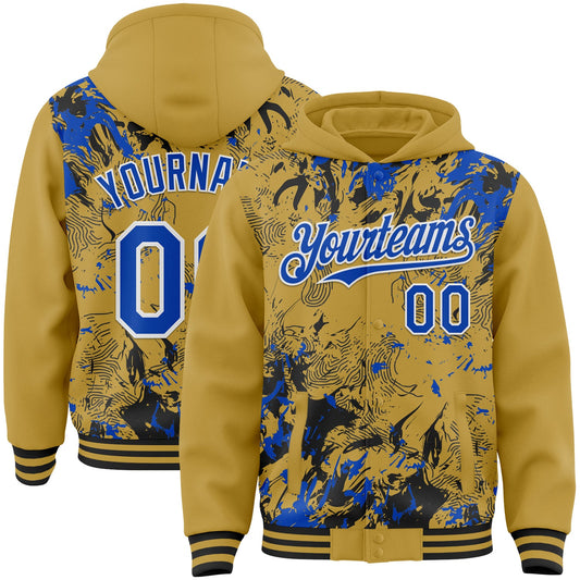 Custom Old Gold Thunder Blue Black-White Splash Bomber Full-Snap Varsity Letterman Hoodie Jacket - Main View