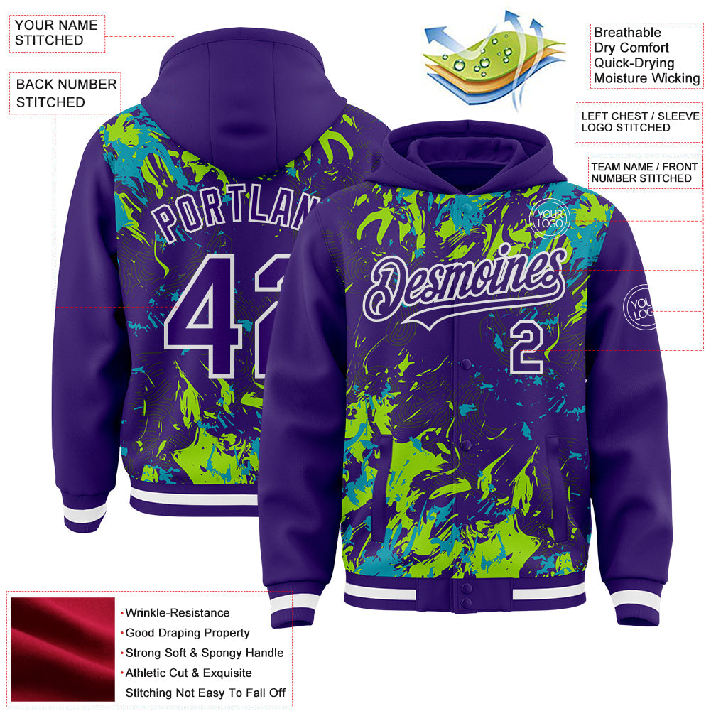 Custom Purple Teal Neon Green-White Splash Bomber Full-Snap Varsity Letterman Hoodie Jacket view 4