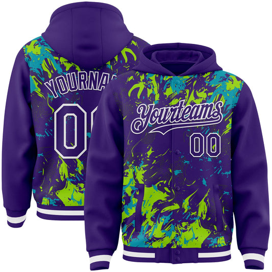 Custom Purple Teal Neon Green-White Splash Bomber Full-Snap Varsity Letterman Hoodie Jacket - Main View