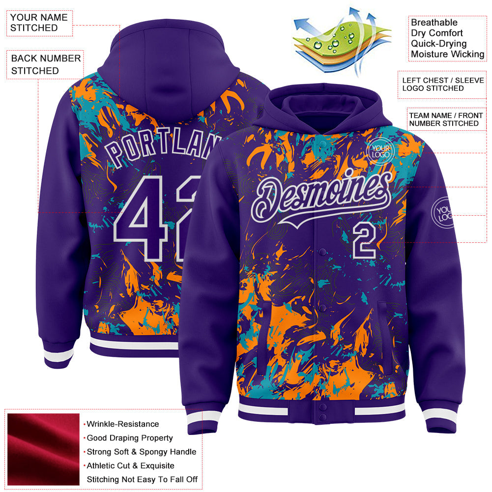Custom Purple Teal Bay Orange-White Splash Bomber Full-Snap Varsity Letterman Hoodie Jacket view 4