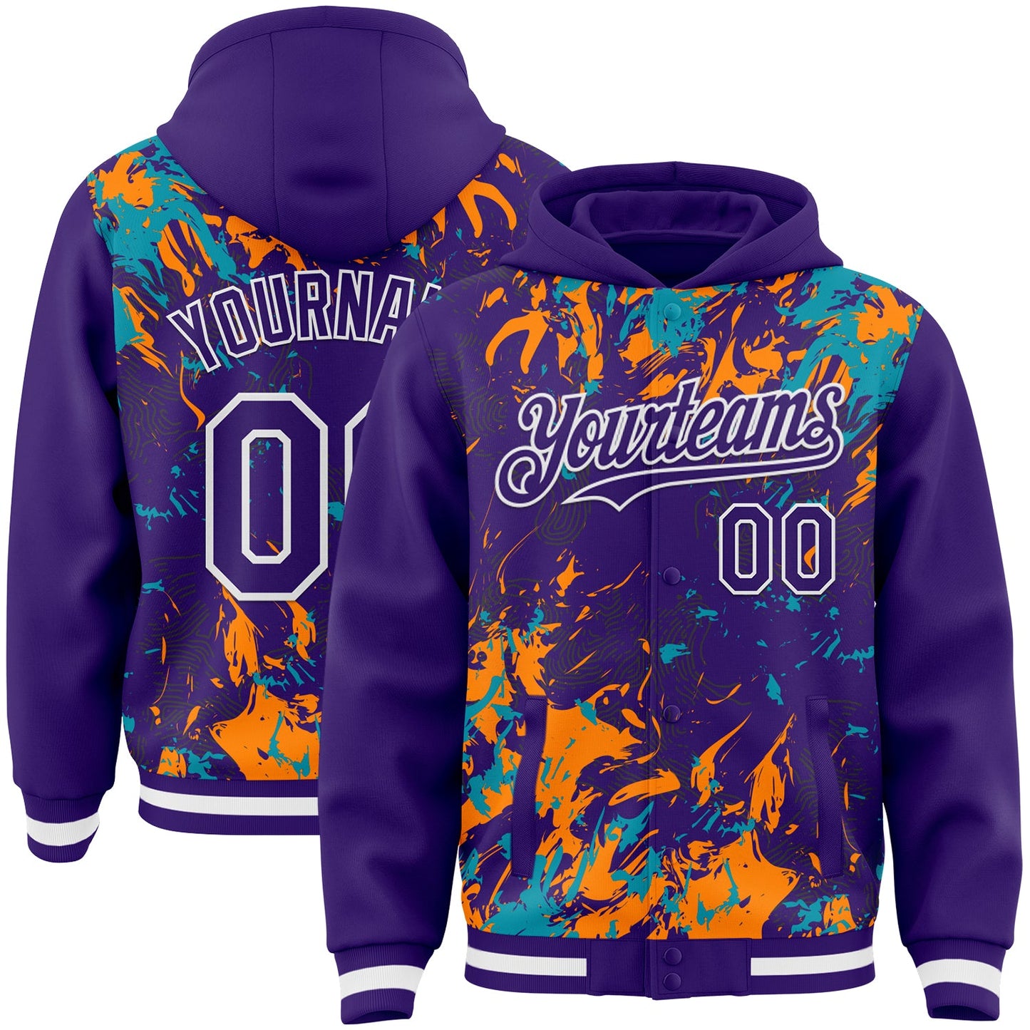 Custom Purple Teal Bay Orange-White Splash Bomber Full-Snap Varsity Letterman Hoodie Jacket - Main View
