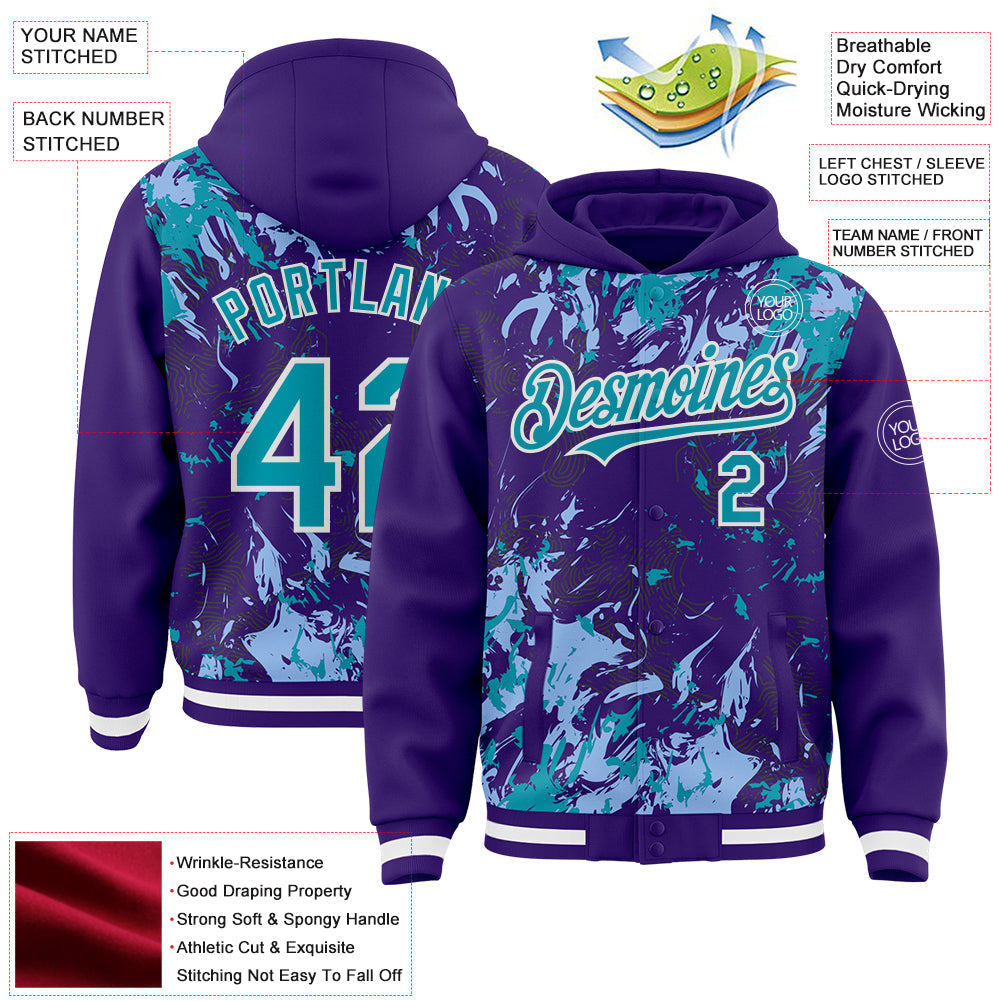 Custom Purple Teal Light Blue-White Splash Bomber Full-Snap Varsity Letterman Hoodie Jacket view 4