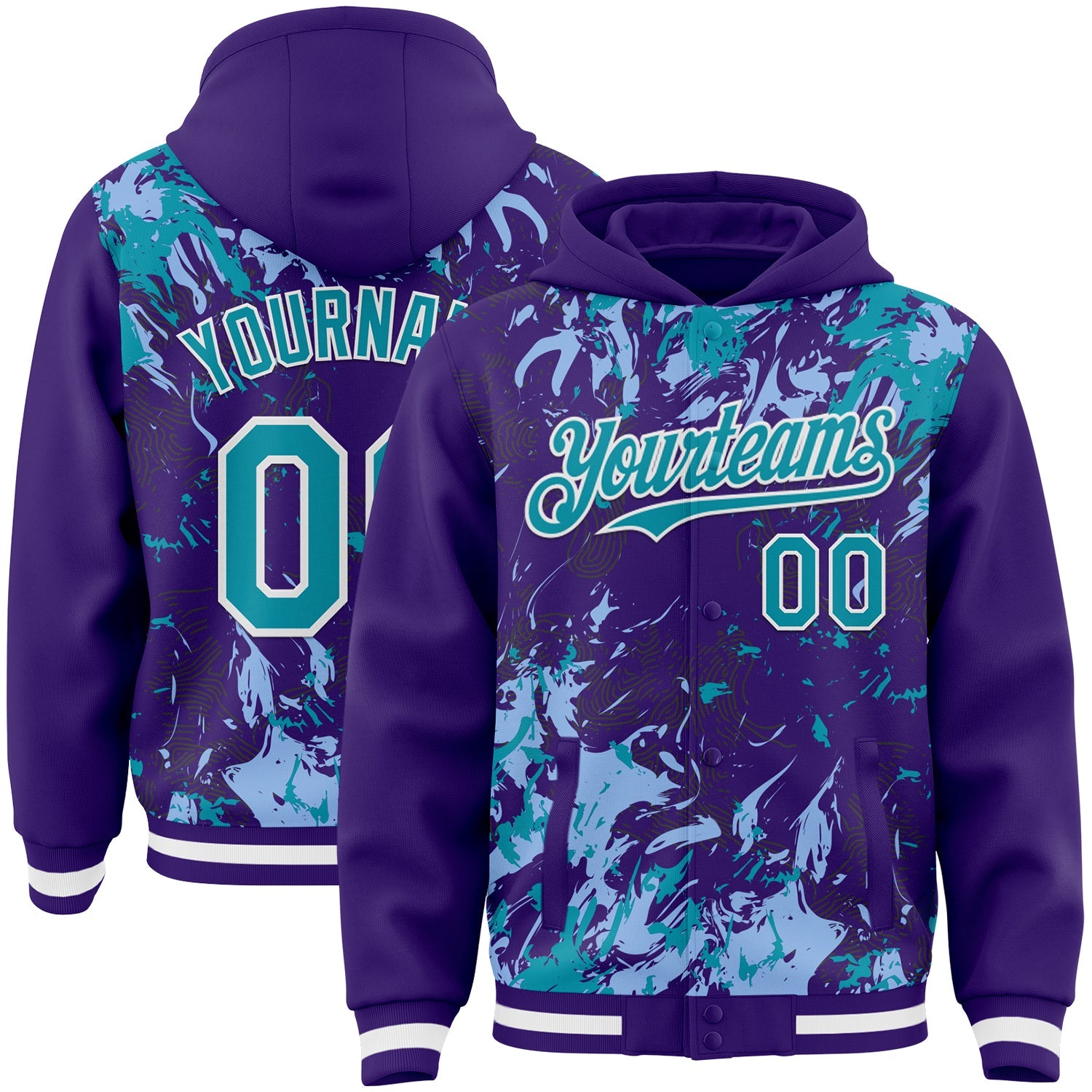 Custom Purple Teal Light Blue-White Splash Bomber Full-Snap Varsity Letterman Hoodie Jacket - Main View