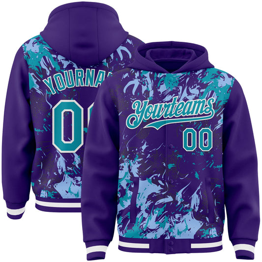 Custom Purple Teal Light Blue-White Splash Bomber Full-Snap Varsity Letterman Hoodie Jacket - Main View