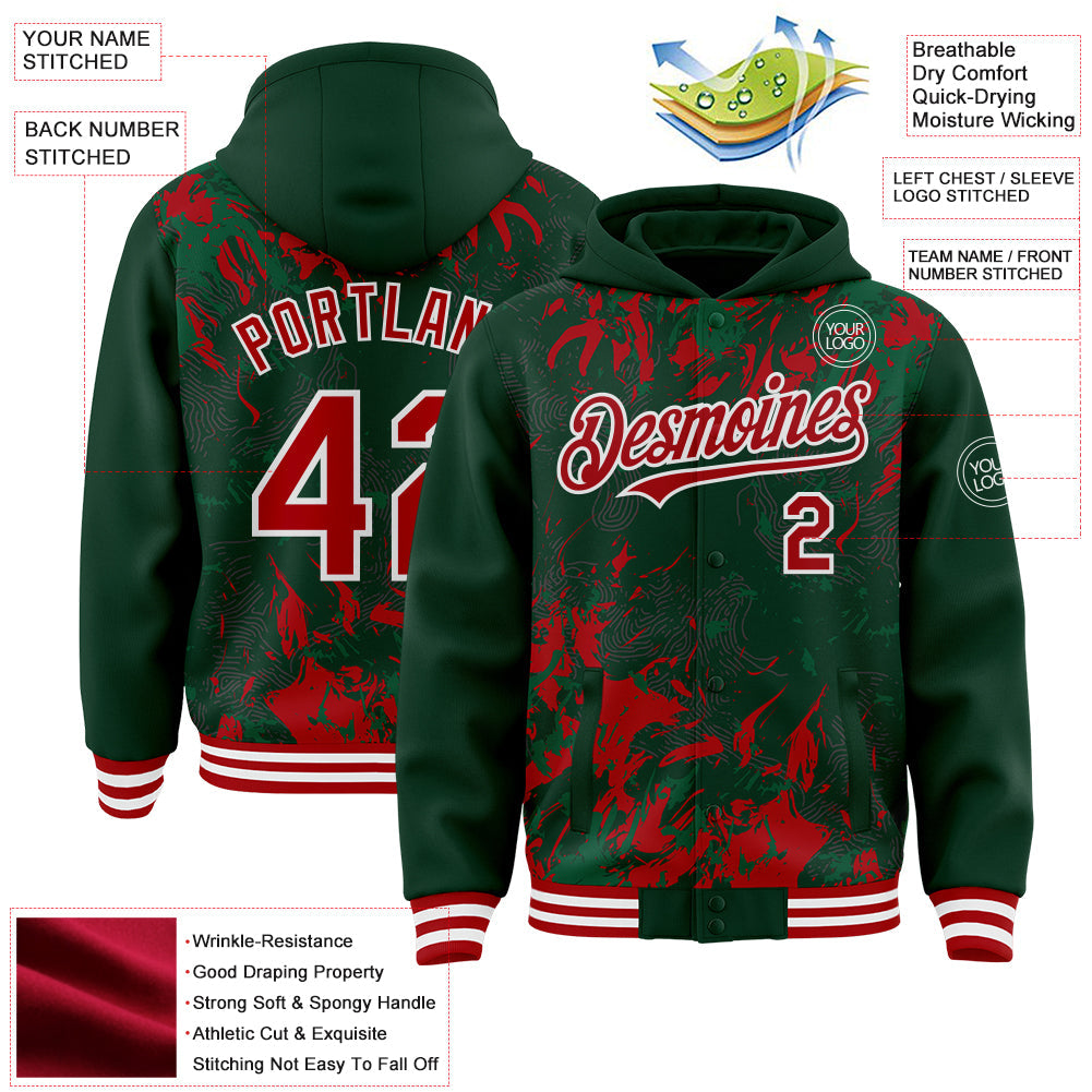 Custom Green Red Kelly Green-White Splash Bomber Full-Snap Varsity Letterman Hoodie Jacket view 4