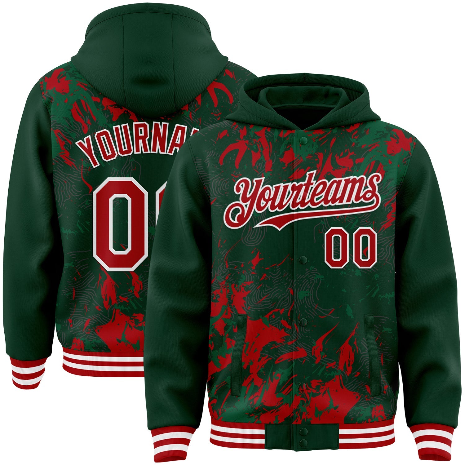 Custom Green Red Kelly Green-White Splash Bomber Full-Snap Varsity Letterman Hoodie Jacket - Main View